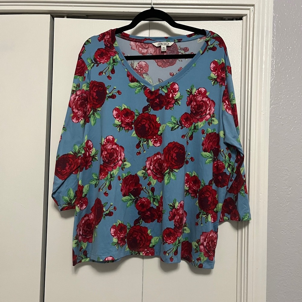 The Pioneer Woman XXL Blue Red Floral Print 3/4 Sleeve V Neck Top Blouse